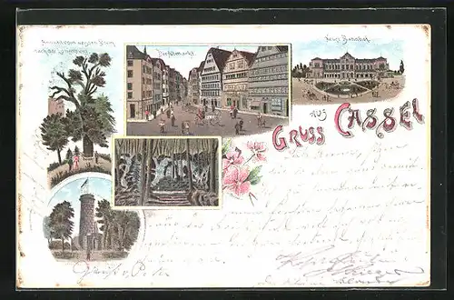 Lithographie Kassel, Ansicht vom weissen Stein nach der Löwenburg, Der Altmarkt, Neuer Bahnhof