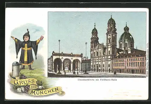 Lithographie München, Theatinerkirche mit Feldherrnhalle, Münchener Kindl