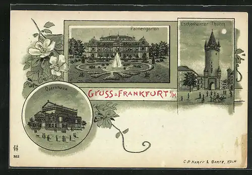 Mondschein-Lithographie Frankfurt a / M.-Westend, Palmengarten, Eschenheimer Turm, Opernhaus