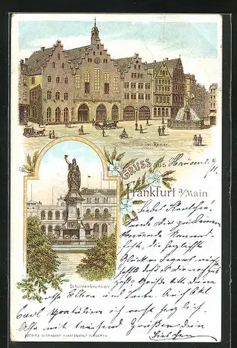 Lithographie Alt-Frankfurt, der Römer, Schützenbrunnen