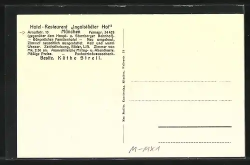 AK München, Hotel Restaurant Ingolstädter Hof, Aussenansicht, in der Gaststube