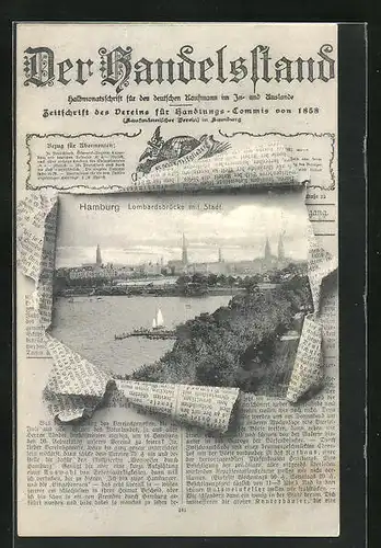 Zeitungs-AK Hamburg-Neustadt, Der Handelsstand, Lombardsbrücke mit Stadt durch zerrissenes Papier