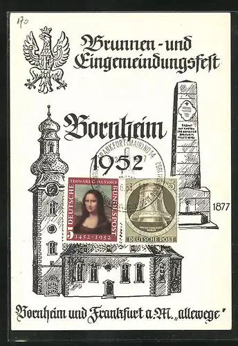 Künstler-AK Frankfurt-Bornheim, Brunnen- und Eingemeindungsfest 1952, Kirche und Brunnen