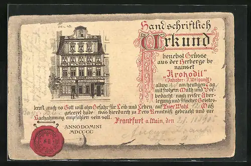 AK Frankfurt, Gasthaus Krokodil von J. Weigandt, Urkunde