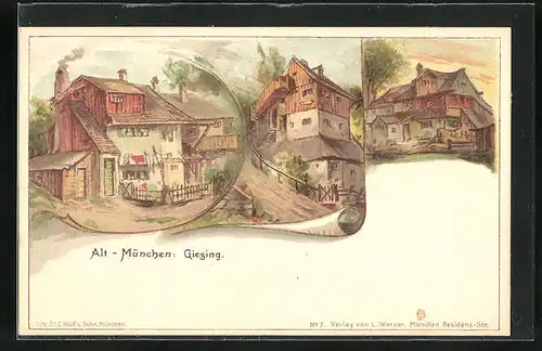 Lithographie München-Giesing, alte Landhäuser