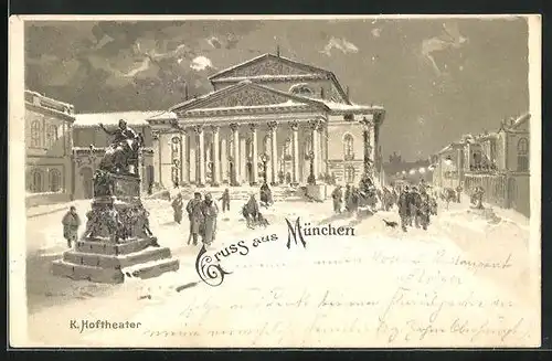 Winter-Lithographie München, Fussgänger vor dem königlichen Hoftheater