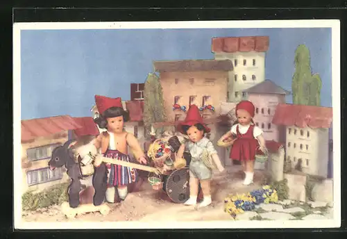 AK Käthe Kruse-Puppe, Puppen mit einem Eselswagen