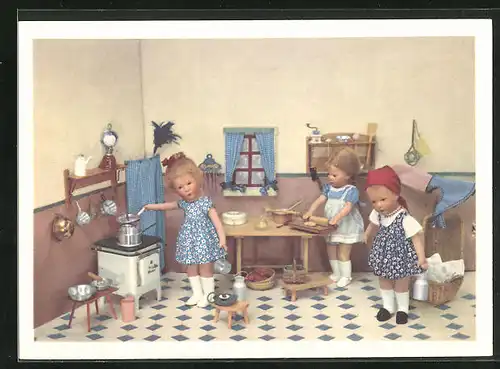 AK Käthe Kruse-Puppe, Szene in einer Küche, 3 fleissige Damen
