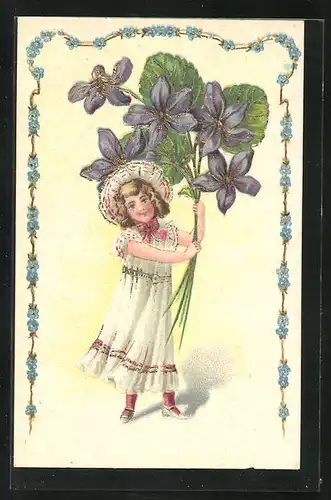 Präge-AK Kleines Mädchen mit grossen Blumen in den Händen