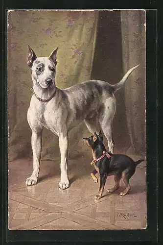 Künstler-AK Carl Reichert: grosser Hund mit Halsband und kleiner Hund mit schleife und Glöckchen