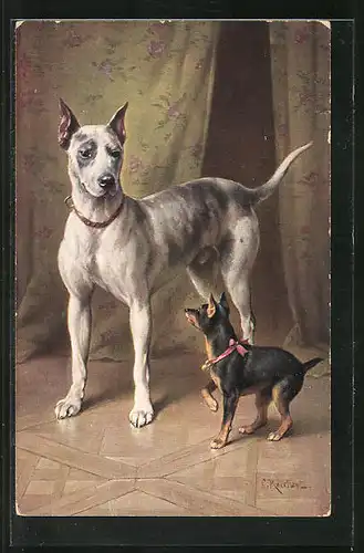 Künstler-AK Carl Reichert: grosser Hund mit Halsband, kleiner Hund mit Schleife und Glöckchen