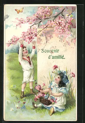 AK Kinder beim Sammeln von Kirscheblüten