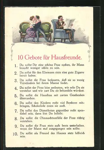 AK 10 Gebpte für Hausfreunde, Frau mit Liebhaber, Mann liest Zeitung