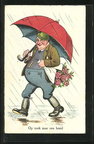 AK Op zoek naar een bruid, dicker Mann mit Blumen unter einem Regenschirm