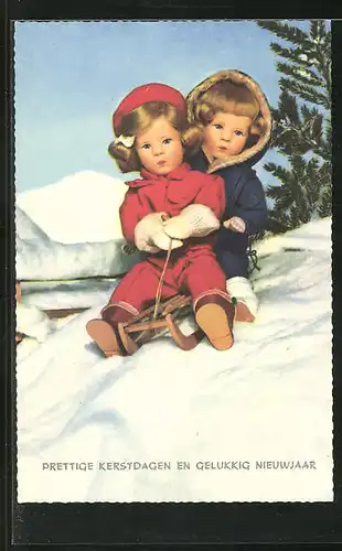 AK Käthe Kruse-Puppe, Schlittenfahrt mit Junge und Mädchen