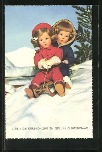 AK Käthe Kruse-Puppe, Schneelandschaft mit Junge und Mädchen auf einem Schlitten