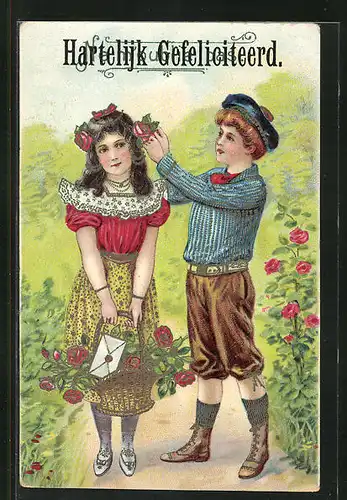 AK Bursche steckt einem Mädchen eine Rosenblüte ins Haar