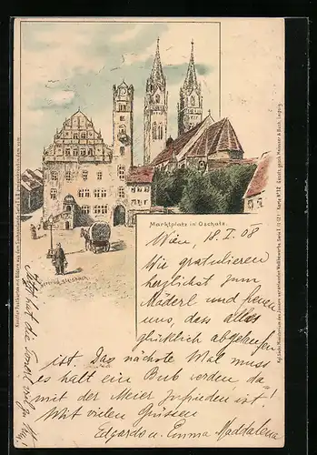 Lithographie Oschatz, Marktplatz mit Blick auf die Kirche