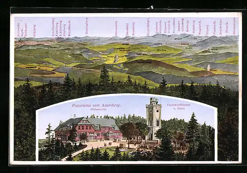 AK Eibenstock i. Erzgeb., Unterkunftshaus und Turm auf dem Auersberg, Gebirgspanorama
