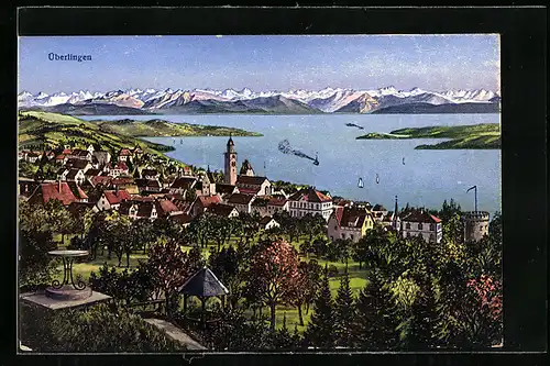 AK Überlingen / Bodensee, Ortsansicht und Gipfelpanorama