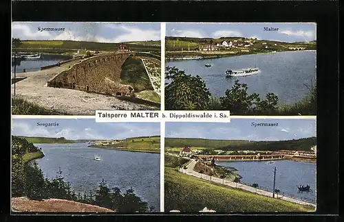 AK Malter, Talsperre mit Sperrmauer, Seepartie mit Dampfer