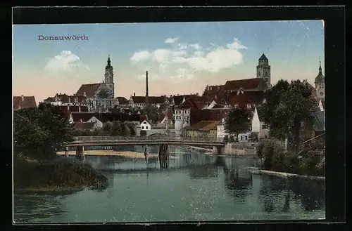 AK Donauwörth, Ortsansicht mit Flusspartie und Brücke
