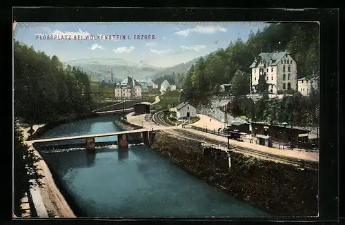 AK Wolkenstein-Flossplatz, Bahnhof mit Ortsansicht