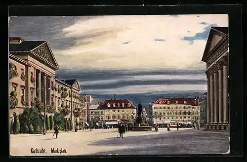 Künstler-AK Karlsruhe, Marktplatz mit Strassenbahn