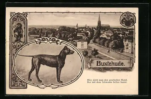 AK Buxtehude, Ortsansicht mit Kirche, Hund, der mit dem Schwanz bellen kann