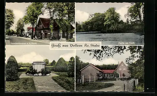 AK Dollern, Gemischtwarenladen v. A. Prott, Teichpartie, Schule und Ehrenmal