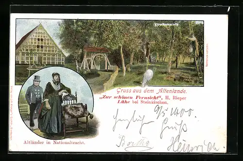 AK Jork, Bauernhaus mit Kirschernte, Altländer in Nationaltracht