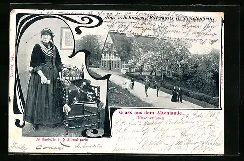 AK Jork, Riegens Gasthof, Altländerin in Nationaltracht