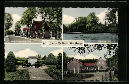 AK Dollern /Kr. Stade, Gemischtwaren A. Prott mit Strasse, Ehrenmal, Schule