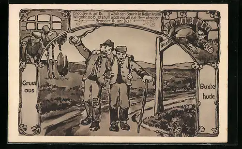 AK Buxtehude, Wanderer auf der Landstrasse
