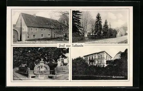 AK Tultewitz, Gasthof Albin Apell, Denkmal und Dorflage, Gut Schieben, Margareten-Brunnen