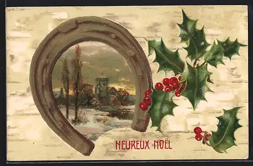 AK Hufeisen mit Stechpalmenzweig, Heureux Noel