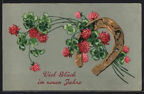 AK Hufeisen mit Blumen verziert, Viel Glück im neuen Jahre