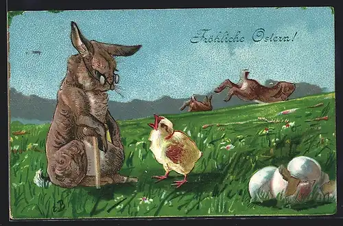 AK Fröhliche Ostern, Osterhase spricht mit Küken