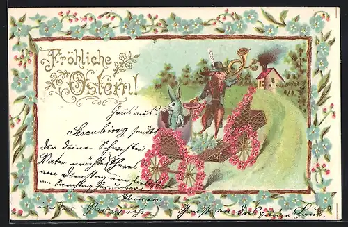 AK Osterhasen im Blumenauto und mit Horn