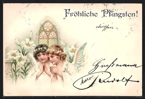AK Engel mit zum Gebet gefalteten Händen, Fröhliche Pfingsten
