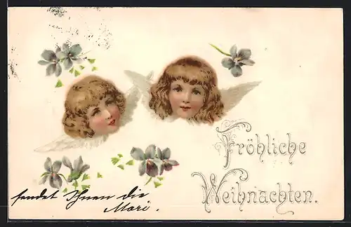 AK Zwei Weihnachtsengel mit Blüten, Fröhliche Weihnachten