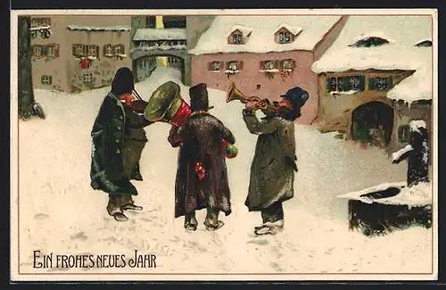 AK Musiker mit Trompete und Violine im Schnee zu Neujahr