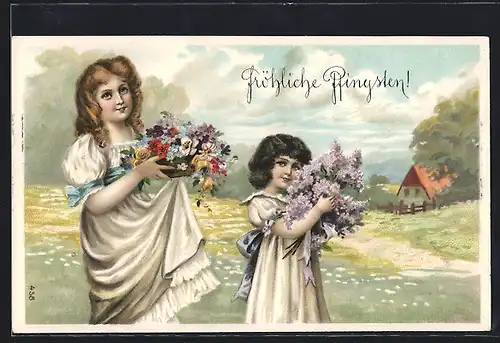 AK Zwei Mädchen mit Blumen in den Händen, Fröhliche Pfingsten