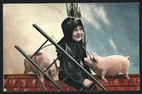 AK Schornsteinfeger mit zwei Glücksschweinchen auf dem Dach