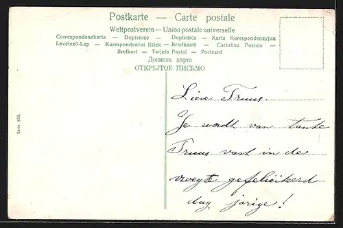 AK Schornsteinfeger mit zwei Glücksschweinchen auf dem Dach