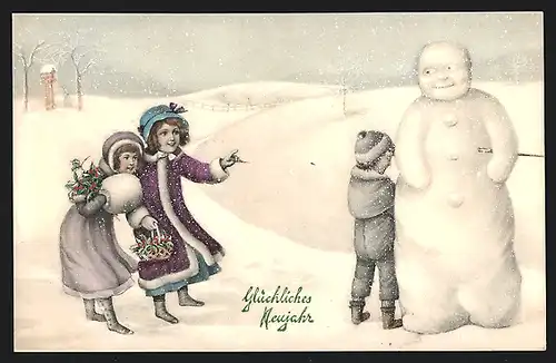 AK Drei Kinder bauen einen freundlich blickenden Schneemann