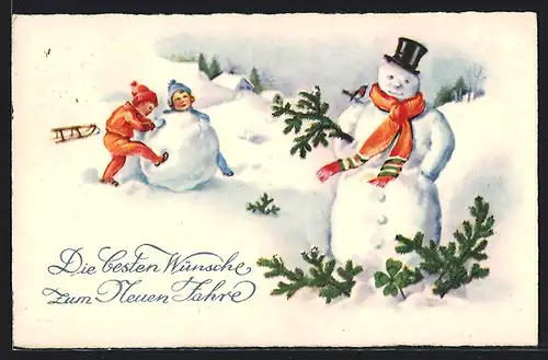 AK Kinder mit riesiger Schneekugel, Schneemann mit Schal und Zylinder