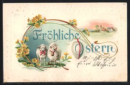 AK Osterlämmchen mit Glocke und Schleife, Fröhliche Ostern