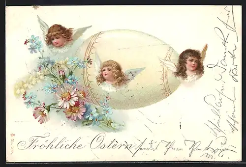 Lithographie Osterengel vor einem Osterei, Vergissmeinnicht, Blumen