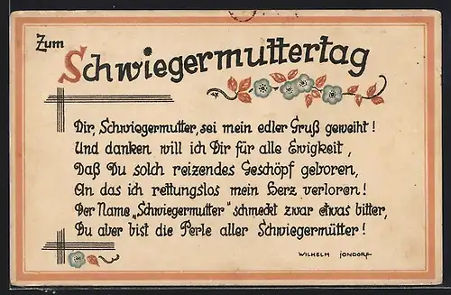 AK Glückwunsch zum Schwiegermuttertag, Dir, Schwiegermutter sei mein edler Gruss geweiht...
